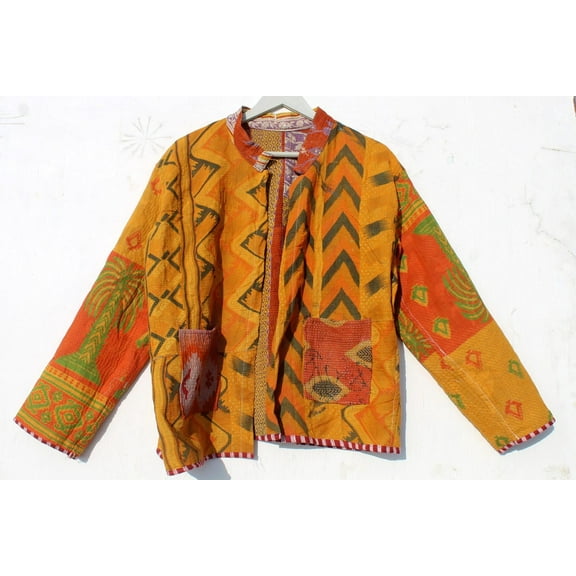 Bohemian Style Kantha Cotton Jacket Vintage Upper Wear Hippie Patchwork Women's Indian Coat For Everyday Wear