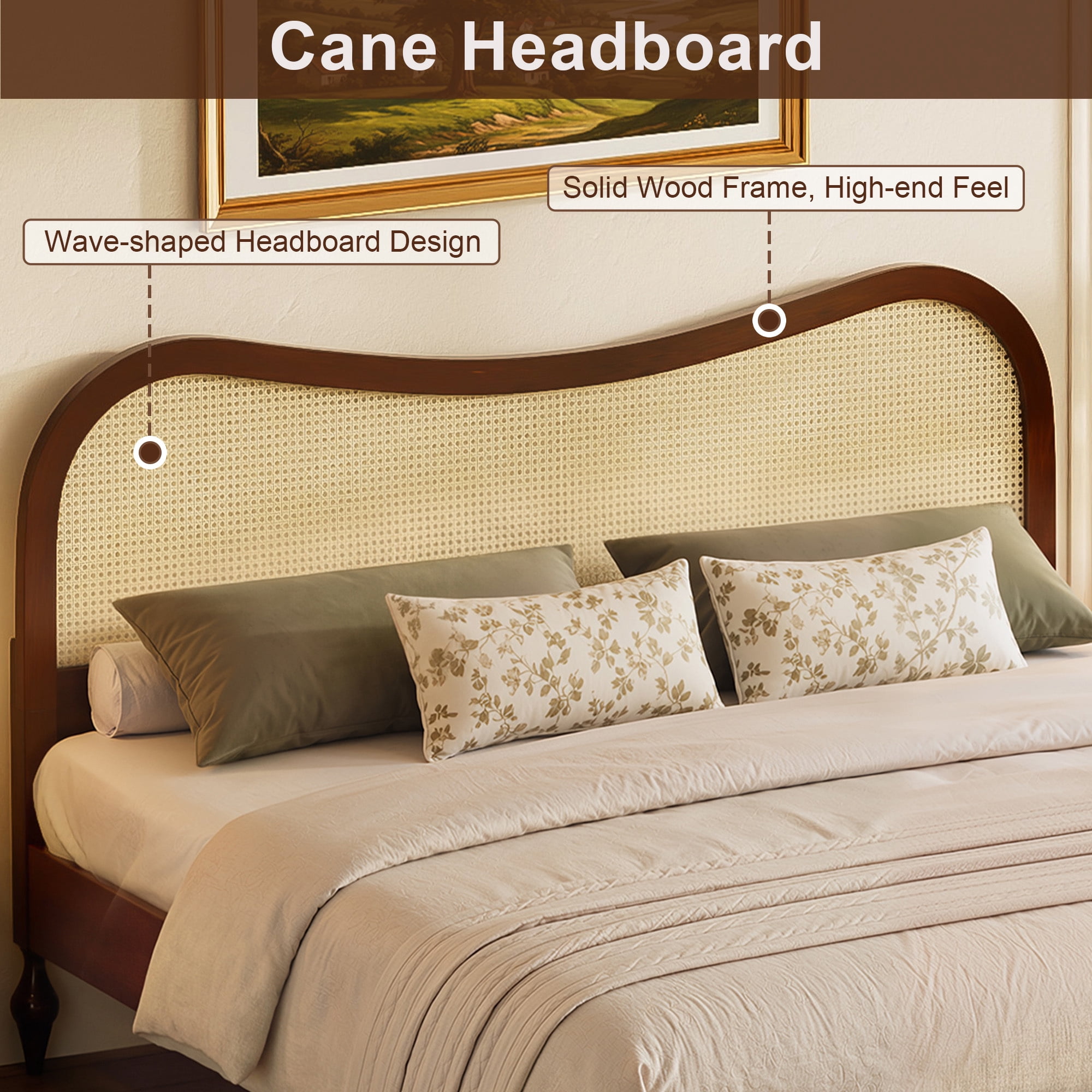 Euroco King Size Mid-Century Wood Platform Bed with Curved Rattan Cane Headboard, Scandinavian Natural Style Bed, No Box Spring Needed, Walnut
