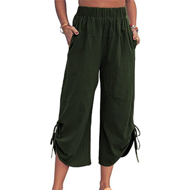 Snoarin Summer Plus Size Capris for Women Womans Summer Solid Color Cotton Linen Loose Drawstring Pocket Cropped Trousers With Pockets Pants Trousers for Women on Clearance