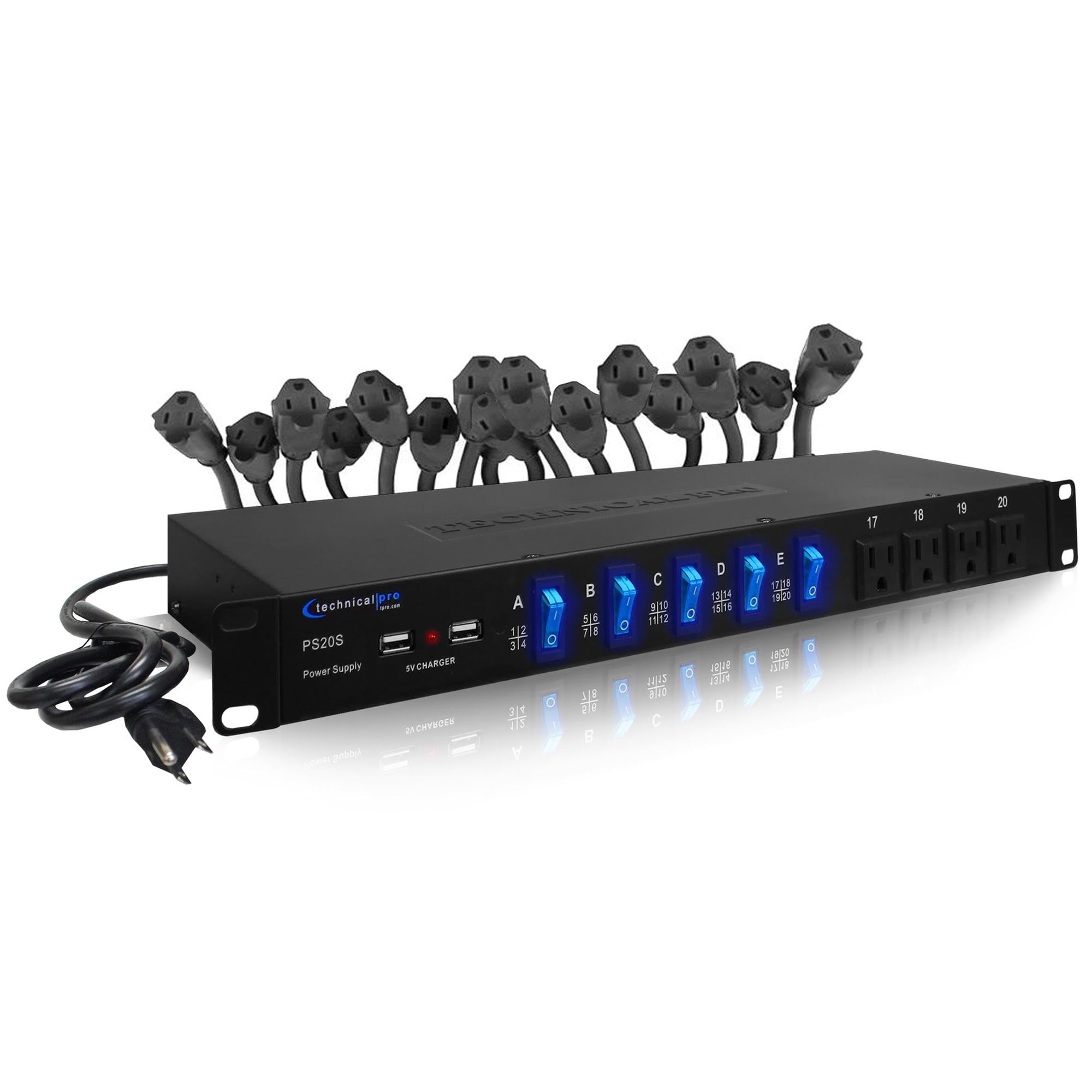 Power Strip Surge Protector, 19-Inch Rack Mount,  20 Outlets – 16 Rear 120V 3-Prong Sockets, 4 Front AC Outlets, 3 USB Ports, 5V Charging, Ideal for Home, Office & Server Rack by Technical Pro