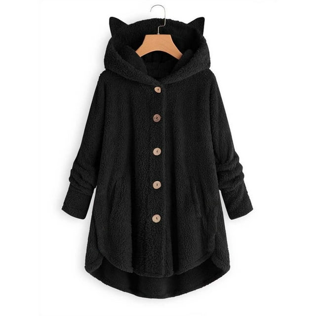 Womens Jackets Women Plus Size Button Plush Tops Hooded Loose Cardigan Wool Coat Winter Jacket on Clearance