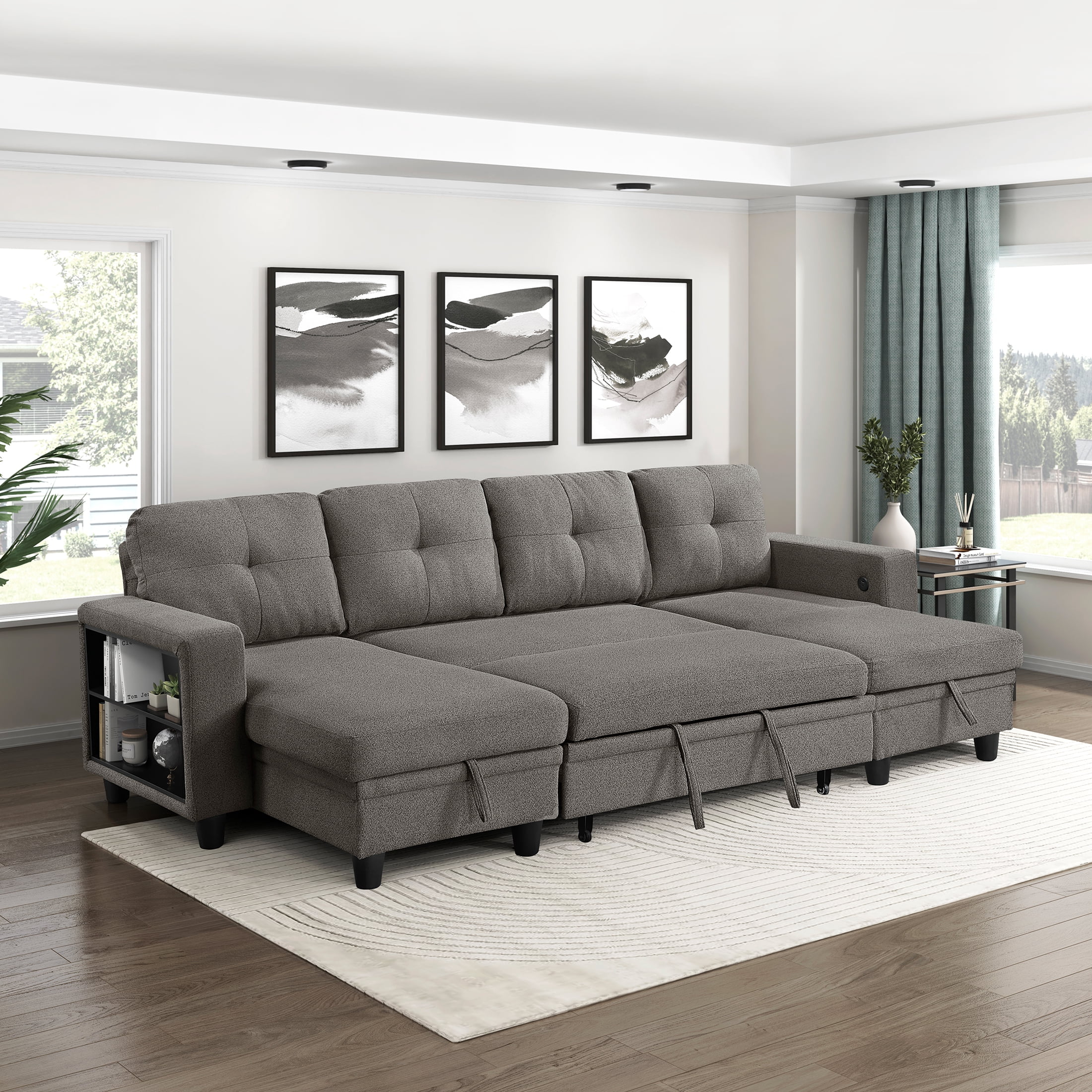 OakvillePark Vessarion Boucle Sectional with Two Chaises, Pull-out Bed, Shelves and Charging Ports, Dark Brown
