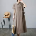 thumbnail image 5 of Cotton Linen Maxi Dresses for Women, Short Sleeve T-Shirt Dress with Pockets, Button V-Neck Flowy Solid Color Dressy Dresses Womens Plus Size Summer Dresses Khaki L, 5 of 7