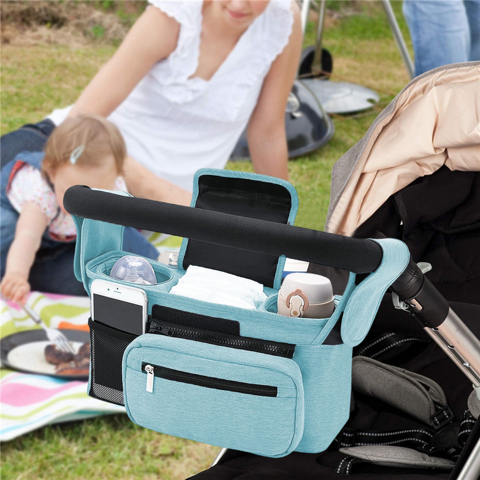 Opvise Baby Stroller Organizer Bag Insulated Feeding Bottle Tissue Holder Detachable Zipper Phone Pouch Oxford Cloth Multifunctional Stroller Hanging Bag