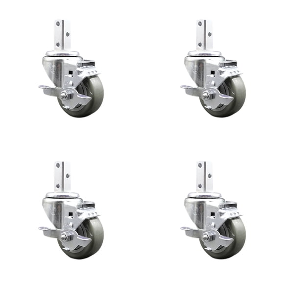 3.5 Inch Gray Poly Wheel Swivel 3/4 Inch Square Stem Caster Set with Brake SCC