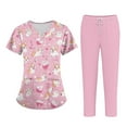 thumbnail image 3 of Minjewel Women's Plus Size Printed V-Neck Short Sleeve Scrubs for Women Set with Pockets, Fun & Colorful Animal Floral Scrub Set,Pink L, 3 of 7