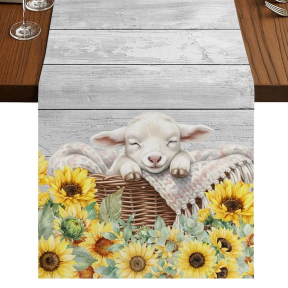 Farmhouse Sheeps Burlap Cotton Table Runner 13x70 Inches Long, Country Cabins Sunflowers Wooden Grain Farmhouse Table Runners, Outdoor Dining Table Decor for Baby Shower/Party/Wedding