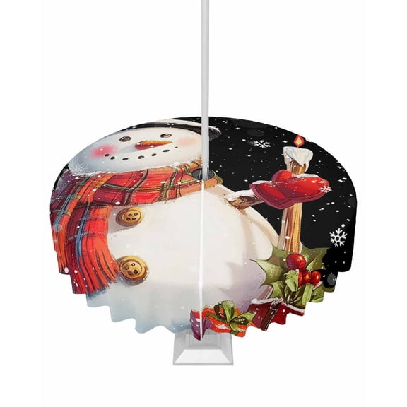 Boanket Outdoor Tablecloth with Umbrella Hole for Patio/Picnic/Party/Camping, Black Snowman Christmas Waterproof Table Cloth Round Cover Washable, Berry Snowflake Xmas (Dia 60")