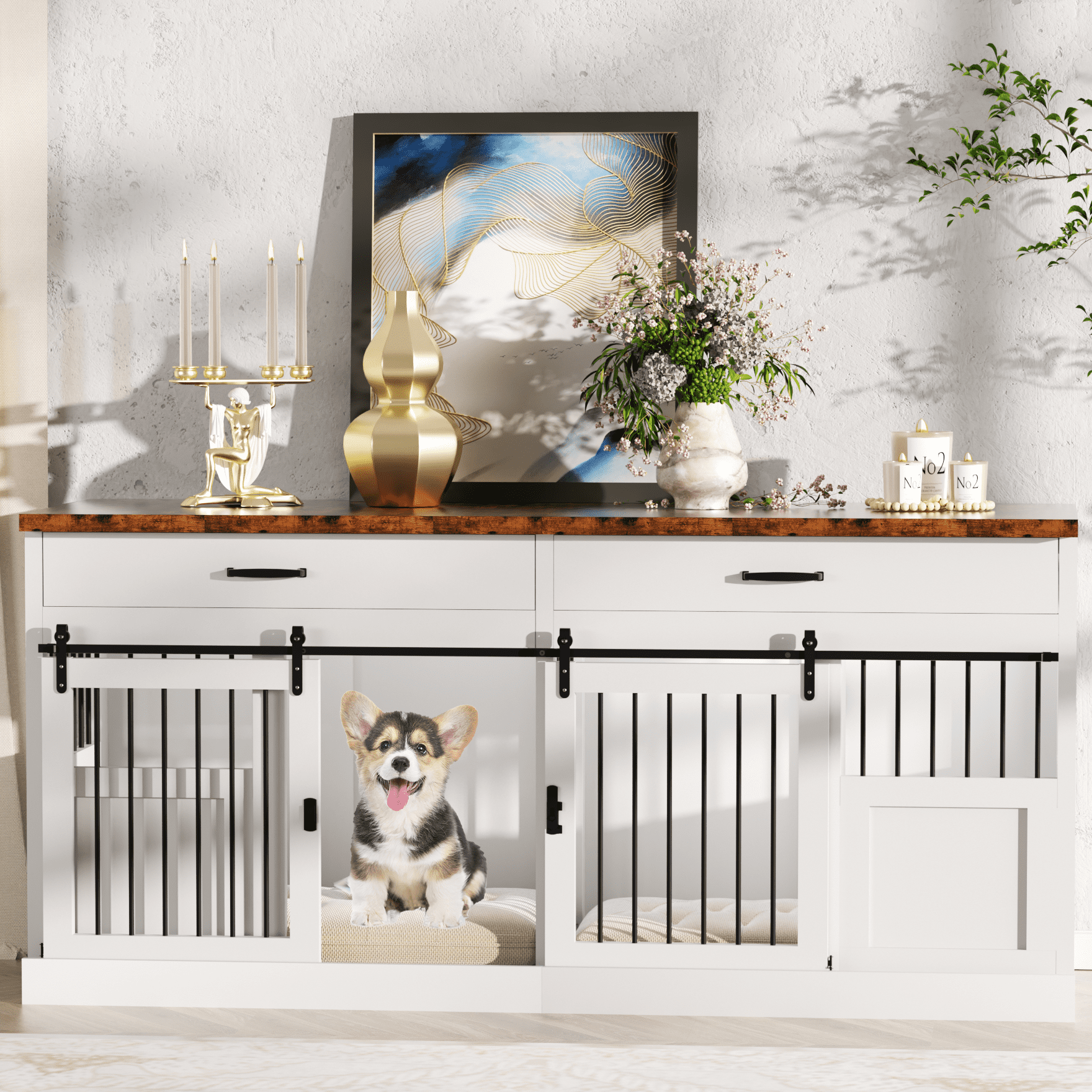 70.9'' Heavy-Duty Wooden Kennel Cage, Large Dog Crate Furniture with 2 Drawers and Divider, TV Stand End Table for 2 Large Dogs, White