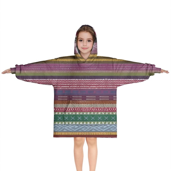 Purple Boho Tribal Stripes and Hearts Pattern Blanket Hoodies for Kids 6-13YR Oversize Wearable Blanket Hoodies for Boys Girls Teens