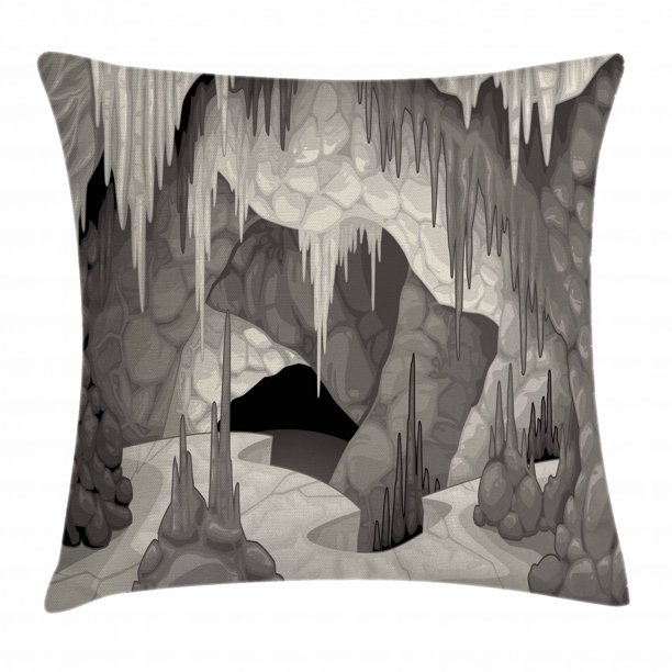 Cave Throw Pillow Cushion Cover, Inside the Cavern with Stalagmites Speleology Theme Cartoon