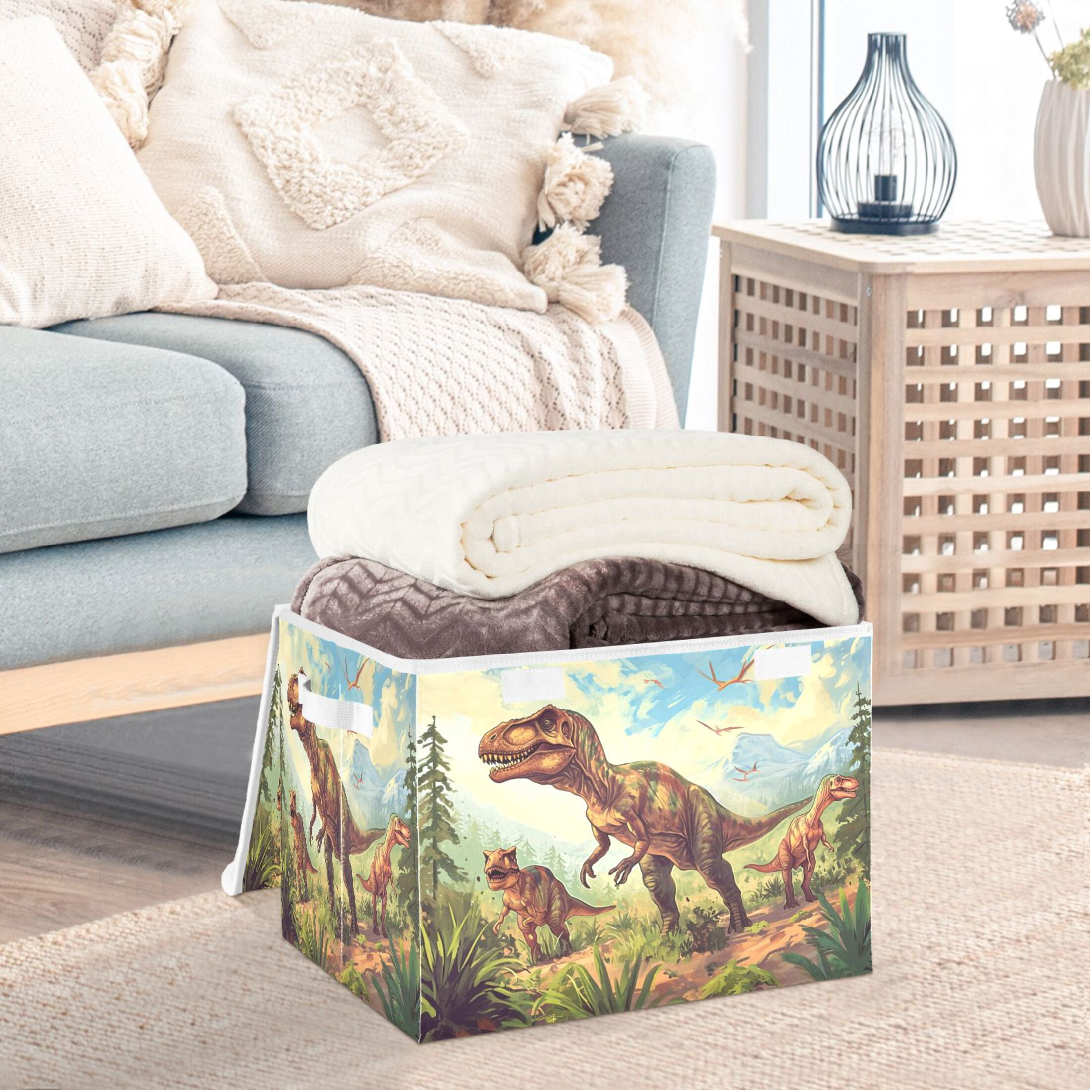 Ryvnso Dinosaur in Forest-a1 Large Lidded Foldable Storage Baskets Cubes Boxes Lids Bin for Home
