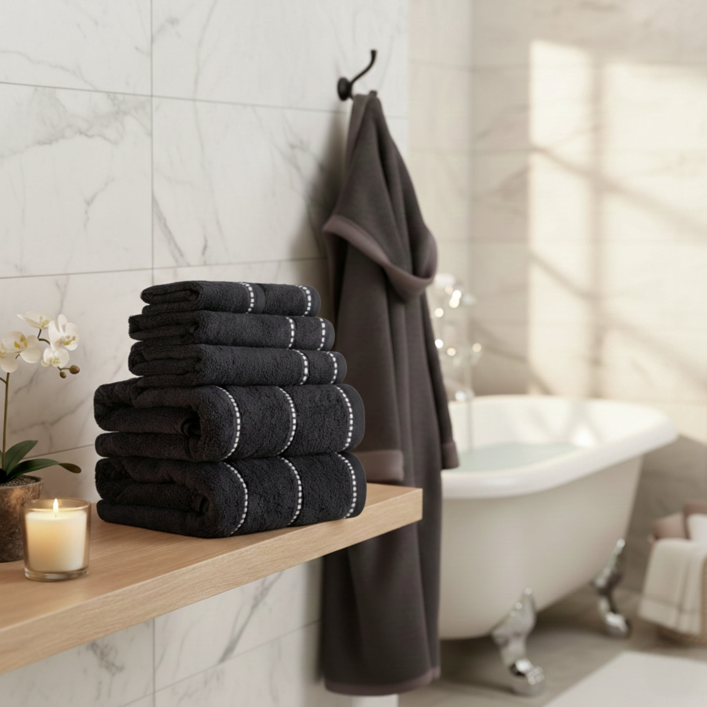 6-Piece Quick Dry Bath Towels Set - 100% Cotton Towel Set for Bath, Gym, and Spa (Black)