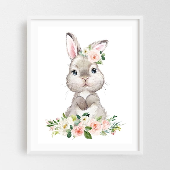 Cute Bunny, Rabbit, Forest Animals, Woodland Animals, Boho, Pink Flowers, Girl Nursery - Illustration Watercolor Floral Animal Whimsical White Framed Wall Art Print 11 x 14 inches
