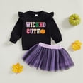 thumbnail image 3 of GYRATEDREAM Toddler Baby Girls Halloween Outfit Ruffle Long Sleeve Pumpkin Letter Embroidery Sweatshirt Top + Tulle Dress Mini Skirt 2Pcs Sets Kids Fall Clothes for 12 Months-5 Years Black Purple, 3 of 6