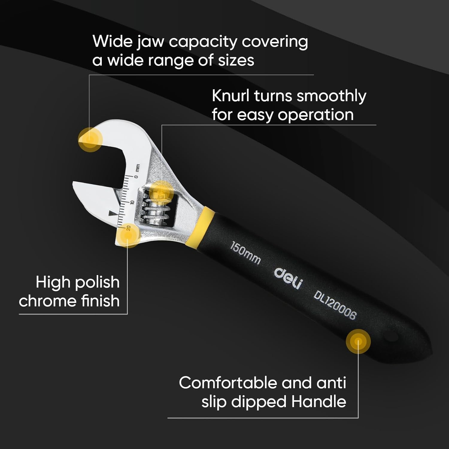 MKEUDQ-8" Adjustable Wrench Heavy-Duty Chrome Anti-Slip Grip, Smooth-Jaw, Cr-V Steel, Wide Opening for Plumbing & DIY