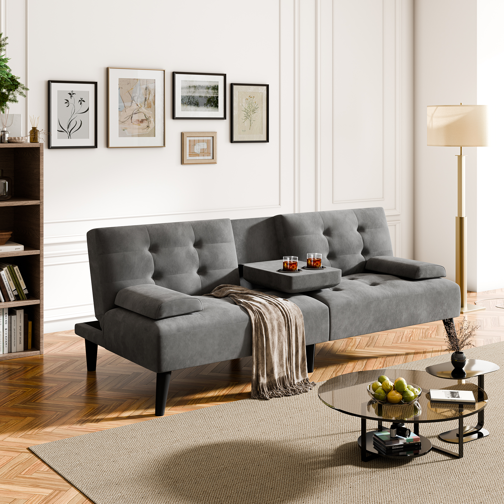 Walsunny 64" Sofa Bed Futon Couches, Folding Loveseat Recliner with 3-Angle Adjustment, Removable Arms 2 Cup Holders for Small Spaces,Gray