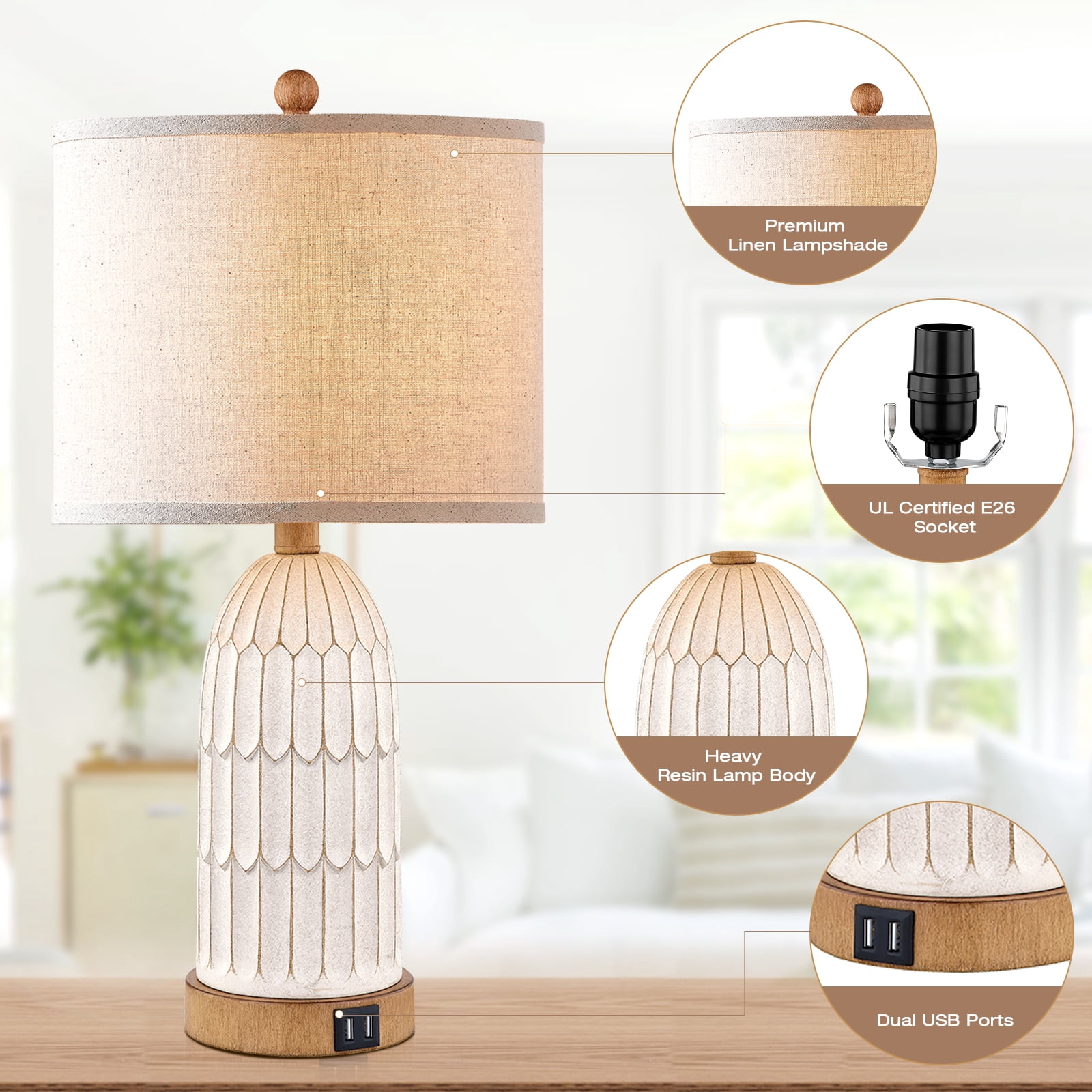 Lolikit Rustic 3 Way Dimmable Touch Table Lamps Set of 2 for Bedroom Living Room 22" Farmhouse Resin Nightstand Bedside Lamp with USB Ports