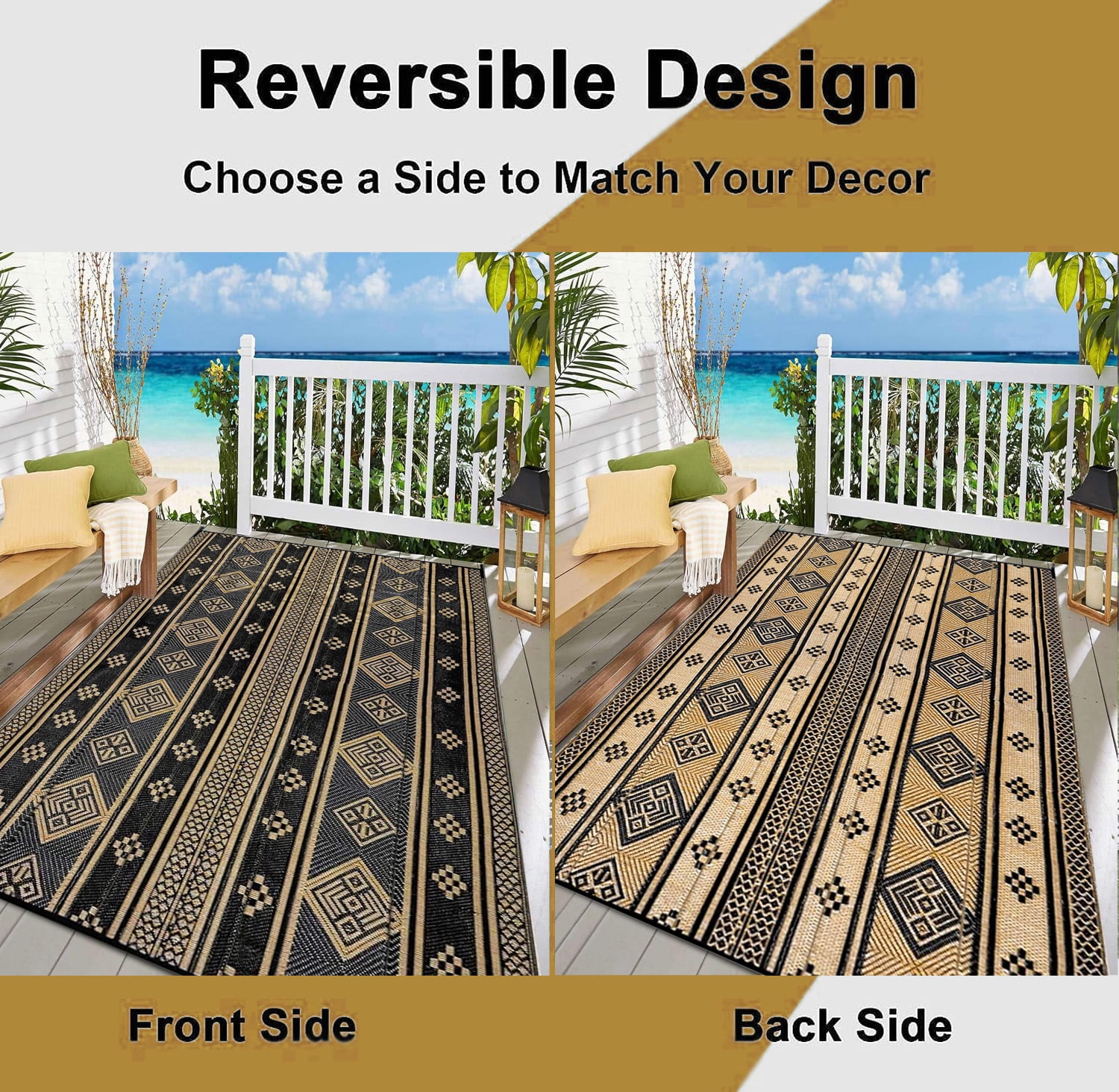 5'x8' Outdoor Rugs, Yamaziot Waterproof Plastic Patio Rug, Reversible Outdoor Mats for RV Camping Picnic Garden Backyard Balcony Porch Beach, Black