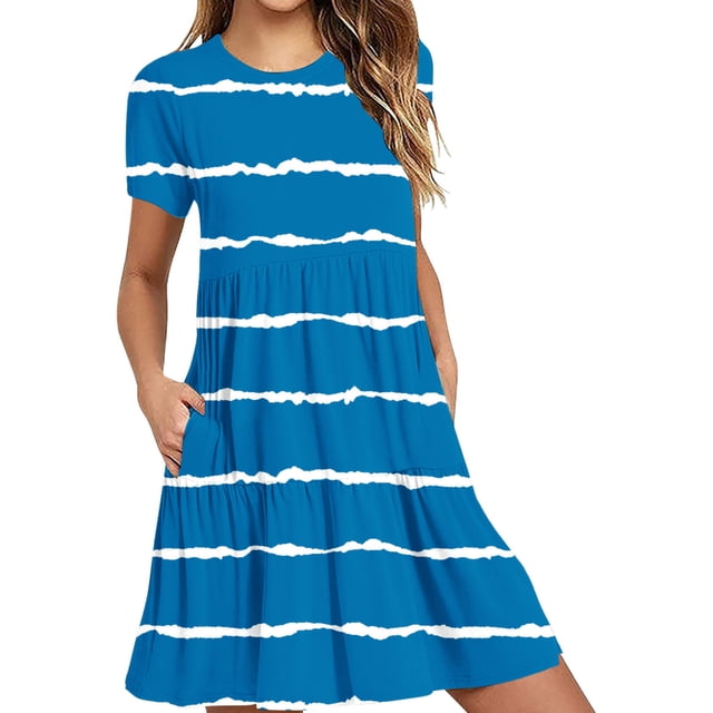 Hyknon Robes pour Femmes Mode Été Décontracté Manches Courtes Robe T-Shirt à Étages Mini Robes avec Poches Décontracté Doux Fluide Ample Robes