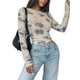 thumbnail image 2 of Mesh Top Mesh Crop Top for Women Y2K Long Sleeve Crew Neck Top Cream White XXL, 2 of 7