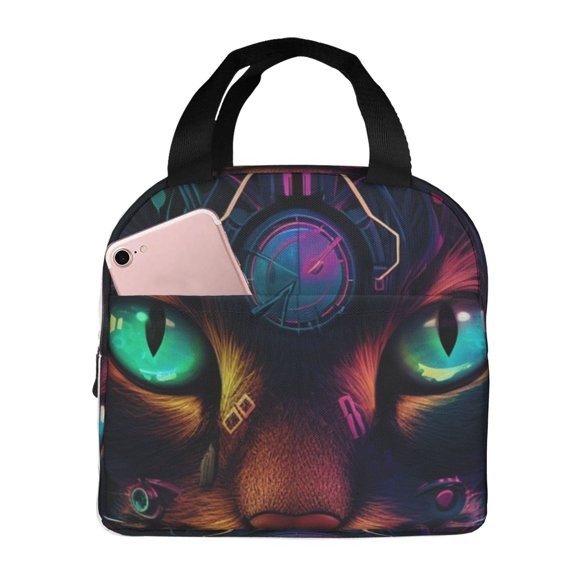 Easygdp Futuristic Cat Warrior Bolsa Térmica Premium - Tela Oxford Impermeable, Gran Capacidad, Bolsillo Frontal, Unisex para Trabajo, Escuela, Actividades al Aire Libre y Picnics