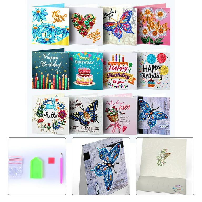12pcs 5D DIY Diamond Painting Birthday Greeting Card - Hinestone Embroidery Arts Craft Cards Kits Postcard with Blank Envelopes for Birthday