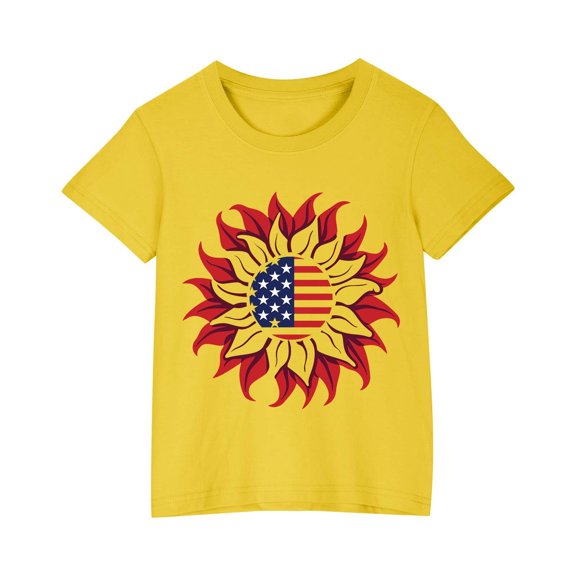 FamilyThread Children's Casual Loose T-shirt American Flag 4th of July Bow Style Summer Comfortable Short Sleeved Round Neck Top For 3-15Y