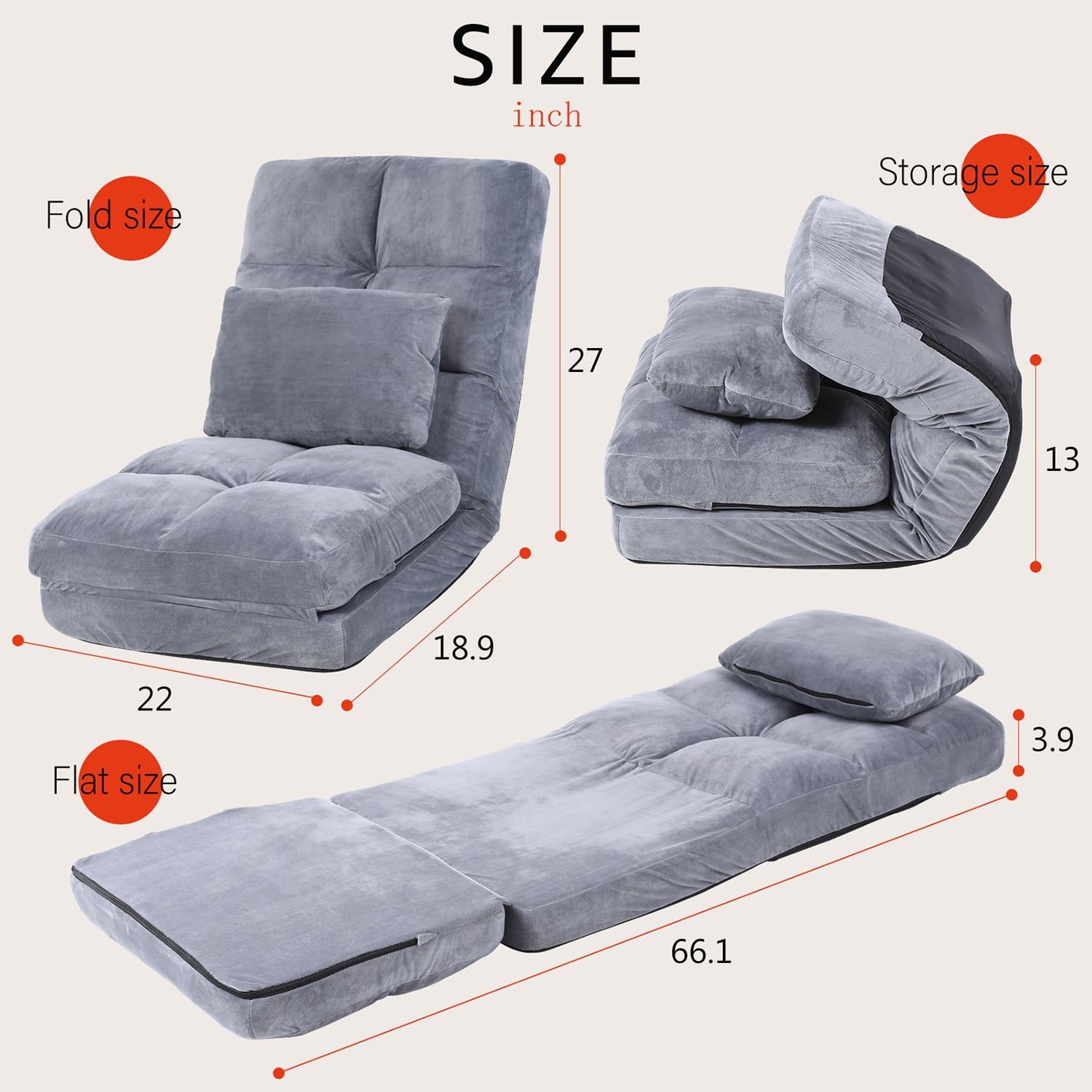 Kadyn Indoor Chaise Lounge Sofa, Adjustable Floor Chair with Back Support and Pillow, Folding Floor Lounger for Adults, Grey Kadyn Indoor Chaise Lounge Sofa, Adjustable Floor Chair with Back Support and Pillow, Folding Floor Lounger for Adults, Grey