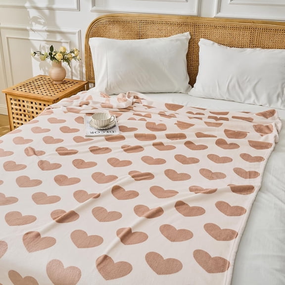 Heart Flannel Throw Blanket Soft Cozy Blankets for Lover Gifts All Season Use, 50x60 Inches, Khaki