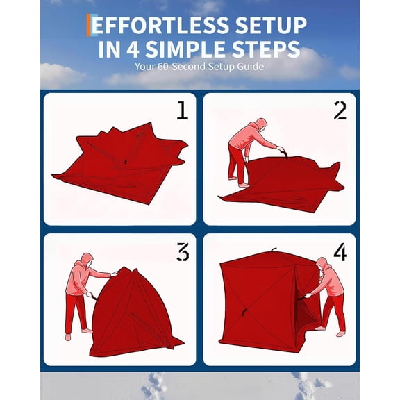 Acekid Insulated Pop-Up Ice Fishing Tent Shelter, 6-8 Person Portable Hub Cabin Shanty with Ice Anchors, Red