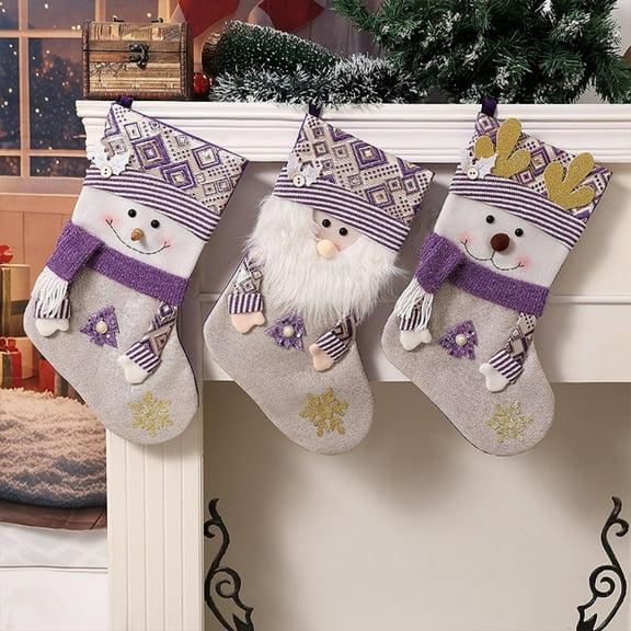 3 Pcs Purple Snowflakes Christmas Stockings Glitter Christmas Presonalized Large Stocking Sock Xmas Party Winter Decor Candy Bag Family Holiday 18"