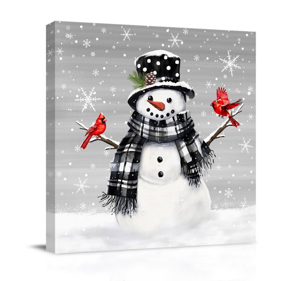 Canvas Wall Art, Grey Snowman Christmas Framed Canvas Prints for Bathroom Kitchen, Xmas Snowflake Birds Gallery Wrapped Wall Decor for Home Office, Gifts, 10"x10" Ship Next Day
