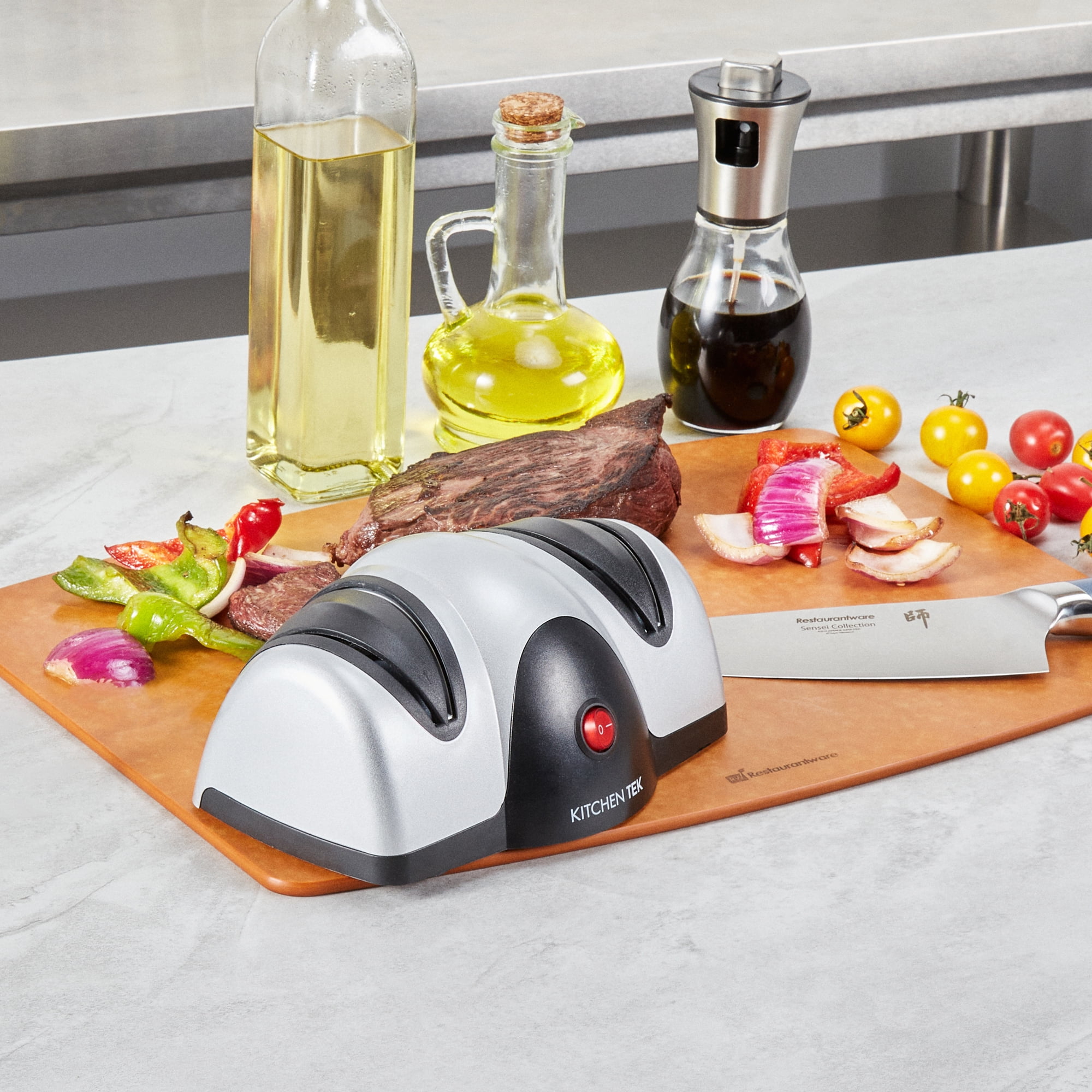 Restaurantware-Kitchen Tek 2-Stage Electric Knife Sharpener, 1 Straight-Edge Knife Sharpener With Sapphirite Grinding Wheel - 120 V, Quick Sharpening, Black Plastic, For Kitchen Knives