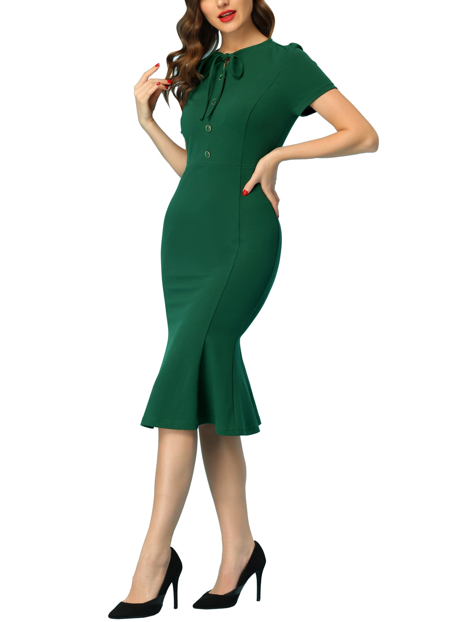 Unique Bargains Women's Vintage Work Short Sleeve Mermaid Bodycon Dress M Green