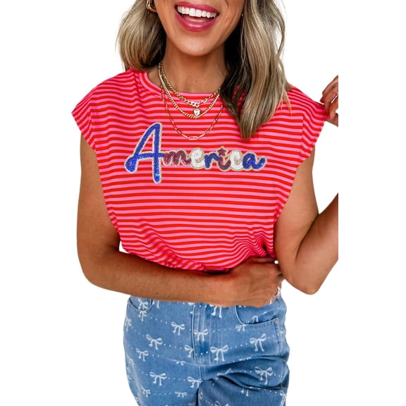 Women's Red Stripe Sequin 'America' Letter Patched Cap Sleeve Top | [ZhiHiMeRi] | (US 12-14)L