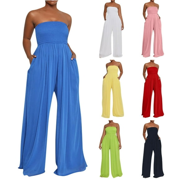 FRSASU Women's Strapless Tube Wide Leg Jumpsuits Smocked Women Jumpsuits Dressy Casual Flowy One Piece Jumpsuits Rompers Yellow