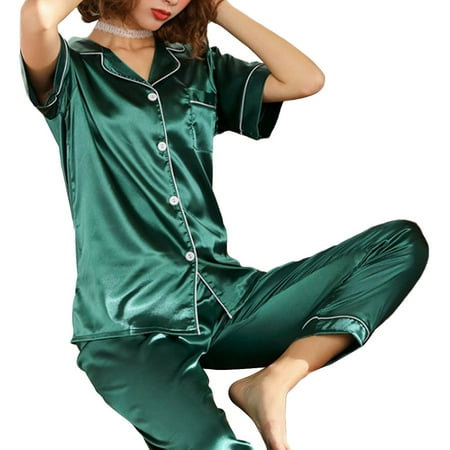 

Women Long Sleeves Pajamas Satin Button Top Pants Nightwear Sleepwear Homewear