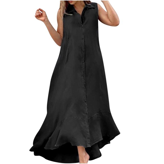 Birdeem Mode Femmes Printemps/été Robe Décontractée Col en V Unie Bouton Sans Manches