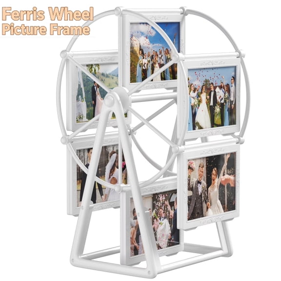 White Rotating Ferris Wheel Picture Frame Holds 12 Photos, Vintage Embossed for Home Decor Wedding Birthday