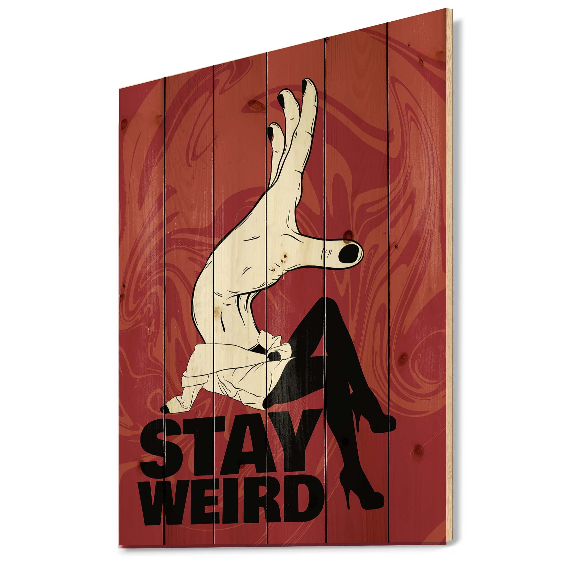 Designart 'Stay Weird Hand Sign' Vintage Print on Natural Pine Wood