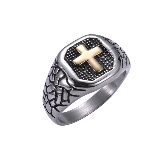 Iron Saints Men Two Tone Textured Cross Signet Ring, Stainless Steel, Religious Men Gift