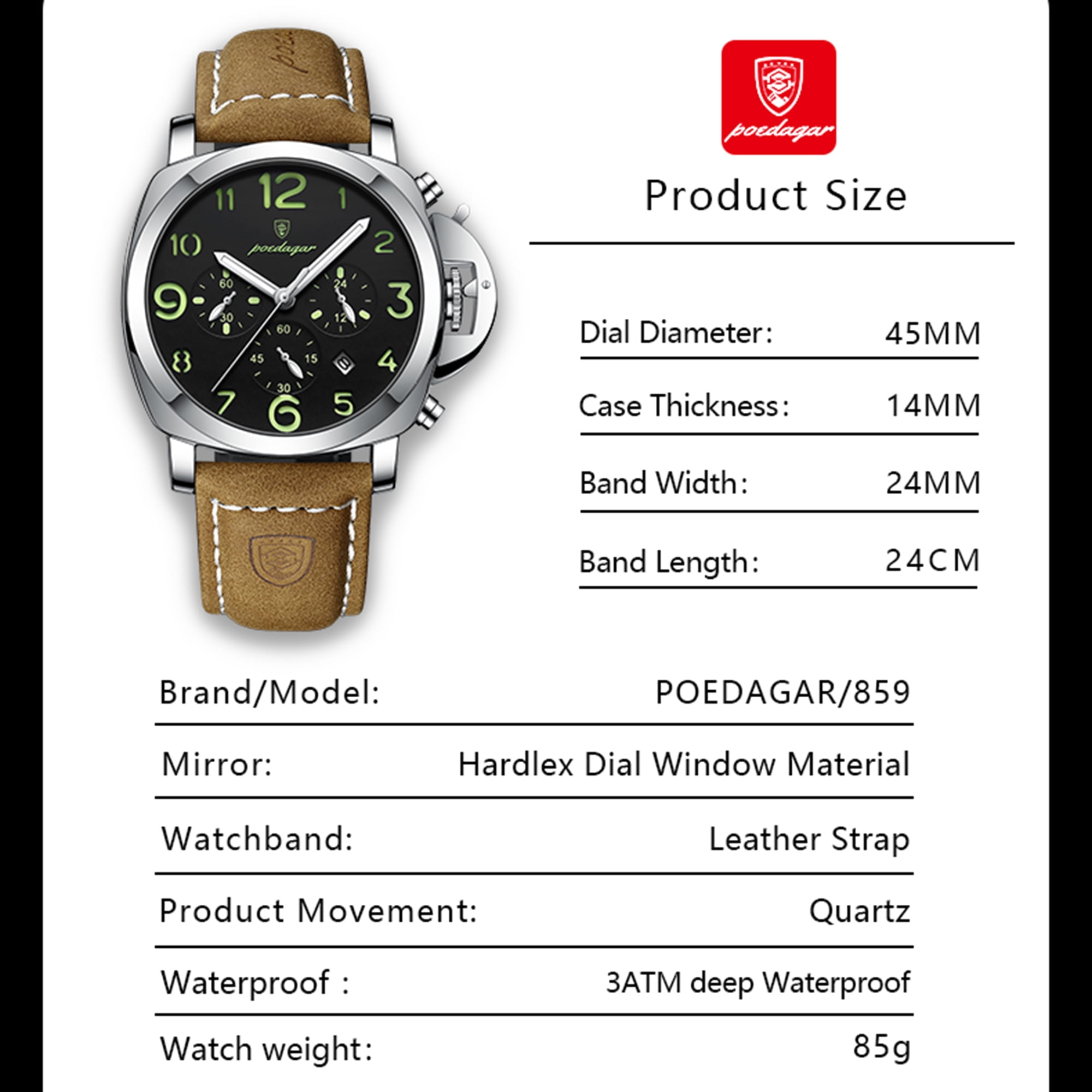 Poedagar Men's Business Quartz Watches with PU Leather Strap Waterproof Luminous Calendar Chronograph