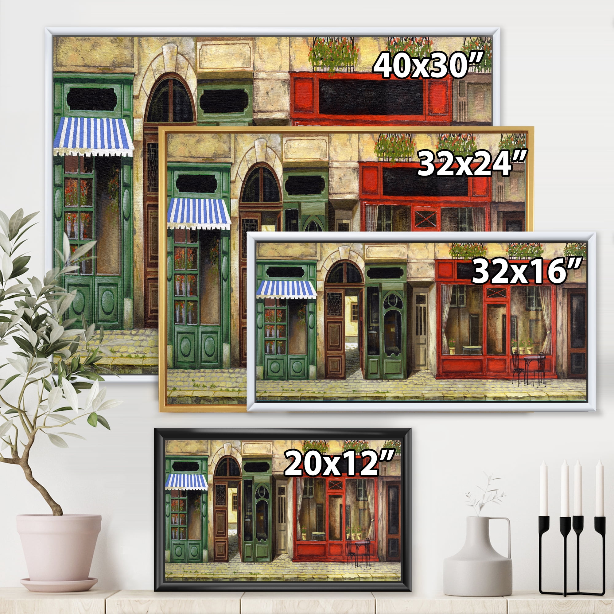 Designart 'Red Facade of Charming Shop In Paris Street II' French Country Framed Canvas Wall Art Print