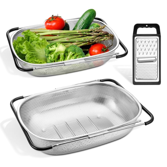 Vesteel Stainless Steel Colander Set of 3, 6 Qt and 8 Qt Over the Sink Colander Large Capacity Strainer Basket with Extendable Rubber Grip Handles for Kitchen & Cheese Grater Handheld