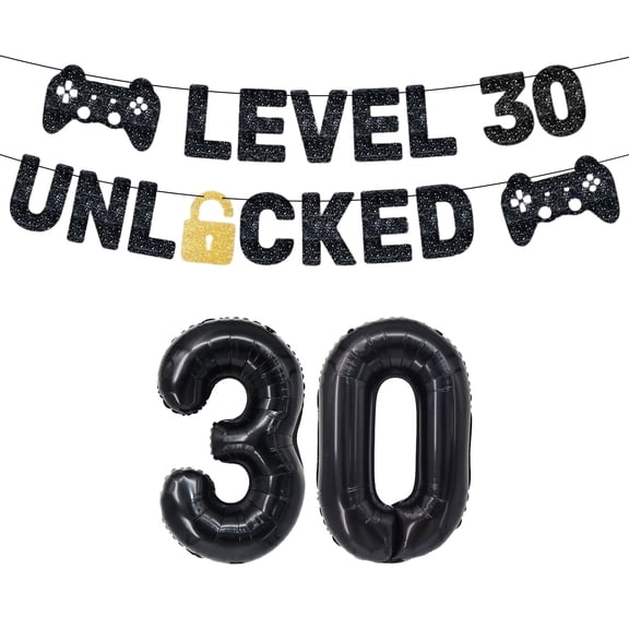 30th Birthday Game Theme Decorations Set - LEVEL30UNLOCKED Banner & Number Balloons for Gamer Party Celebrations