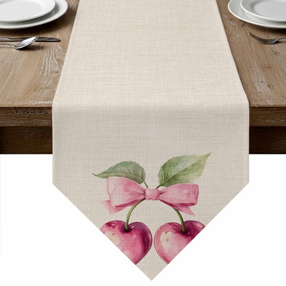 Cherry Fruit Table Runner Linen Burlap Table Runner 120 Inches Long Spring Botanicals Bow Idyllic Country Leaf Dresser Scarves for Kitchen Island Coffee Dining Party Wedding Holiday Decor 13"x120"