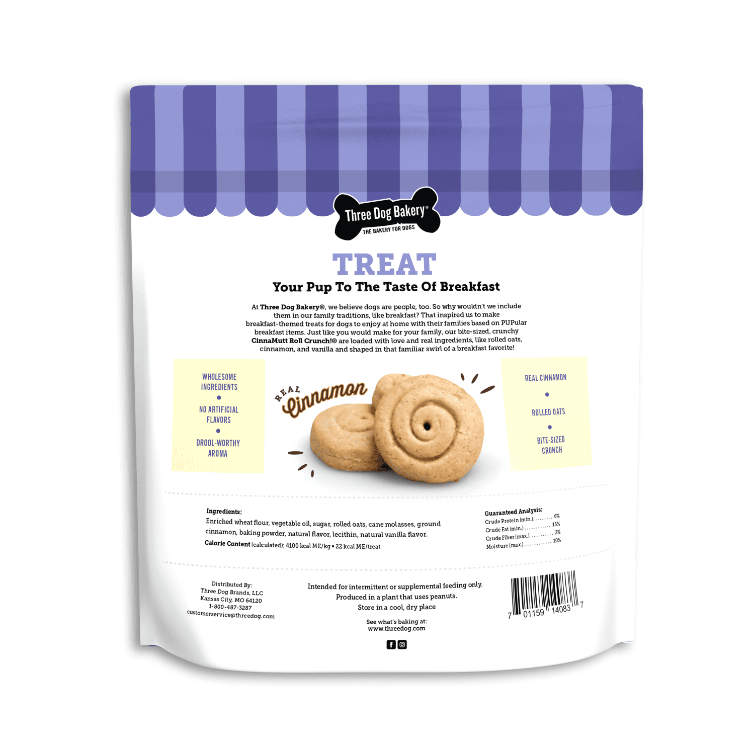 (4 pack) Three Dog Bakery CinnaMutt Roll Crunch, Cinnamon Roll Flavored Crunchy Dog Treat, 25oz