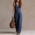 thumbnail image 4 of Brnmxoke Oversize Jumpsuit for Women,Summer Plus Size Ruffle Hem V Neck Button Down Jumpsuits Dressy Casual Linen Sleeveless Wide Legs Overall with Pocket Navy,XXL, 4 of 7