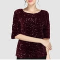thumbnail image 5 of Breezora Haut à Paillettes Scintillant pour Femmes, Col Rond Tendance, Manches 3/4, Blouse à Paillettes, Chemise Festive pour les Fêtes, Essentiel de Garde-Robe Printemps Été, Taille TTTG, Rouge, 5 of 5